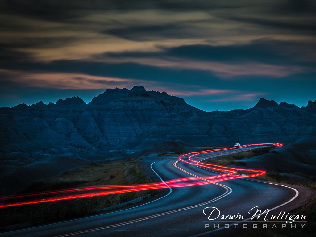 Tail-lights-at-night-Badlands-National-Park-South-Dakota