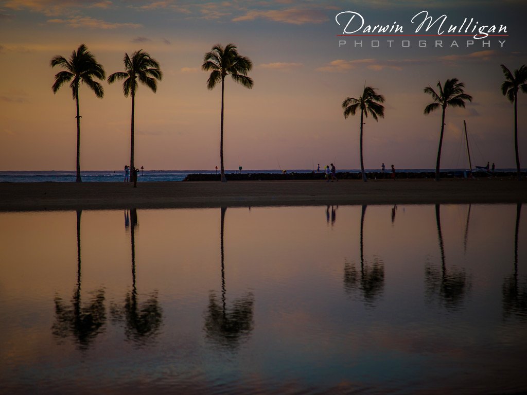 Oahu-Hawaii-Beach-at-Sunset-with-Palm-Trees