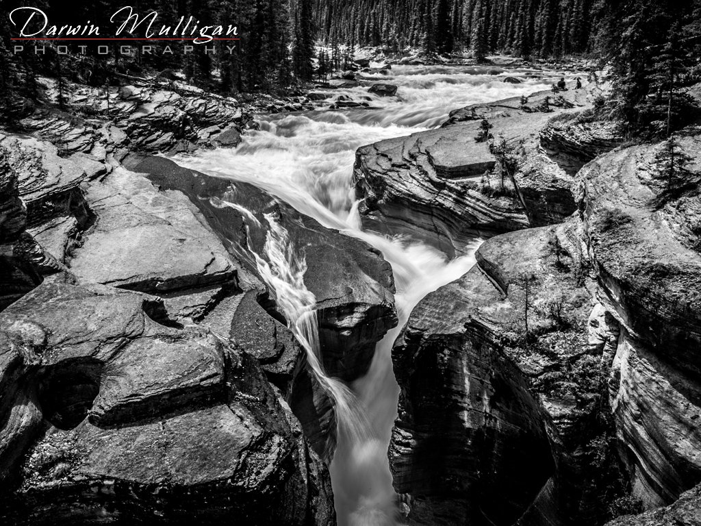 Mistaya Canyon slow motion waterfall black and white