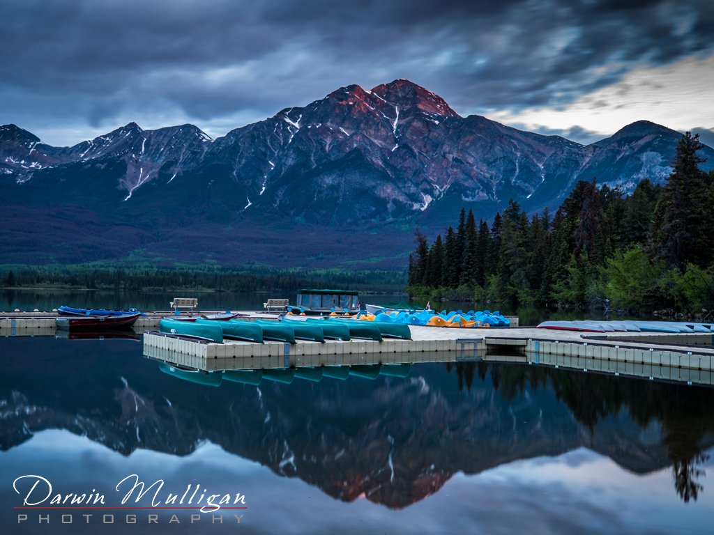 sunrise at the boat dock at Pyramid Lake Jasper National Park