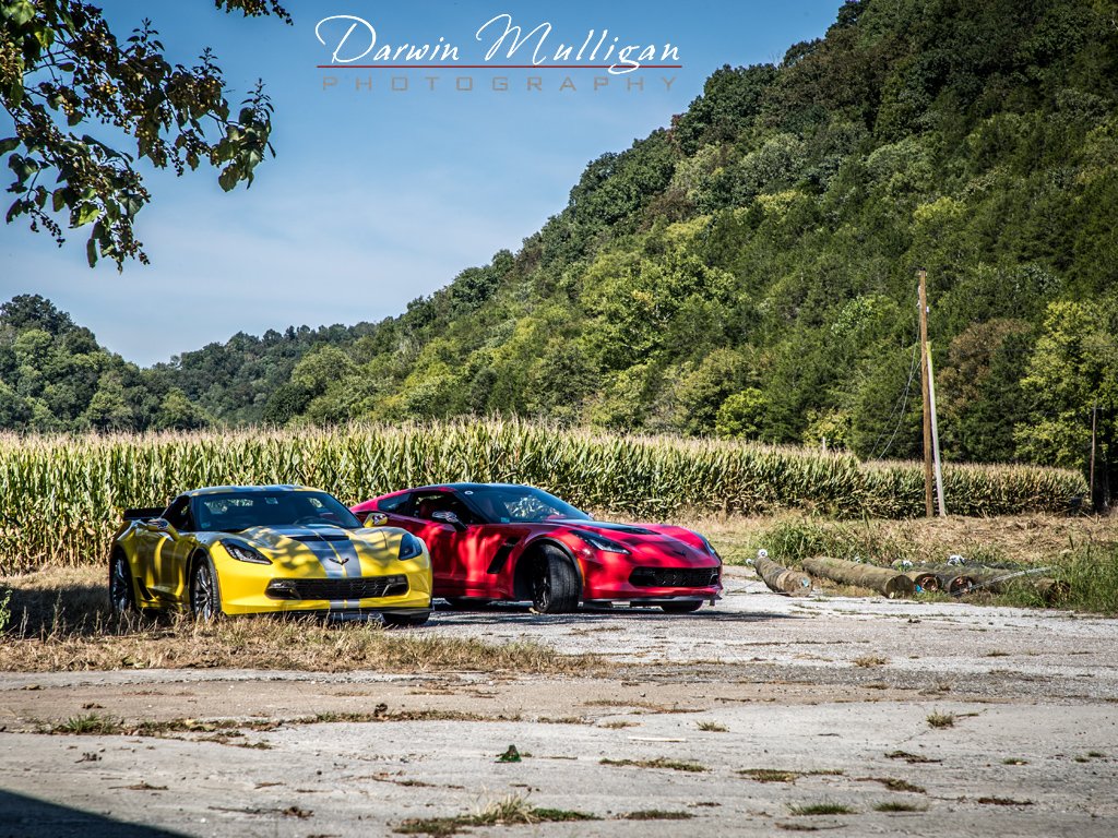 Z06 Corvettes parked by cornfields, Tennessee