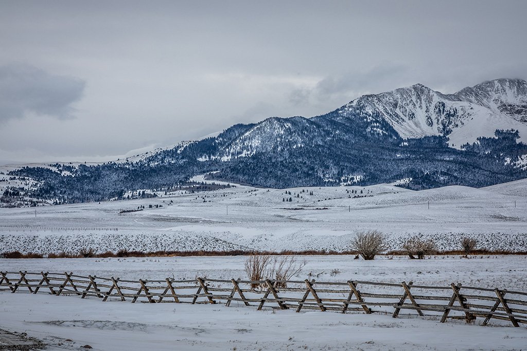 Snow capped mountain and fence, Montana