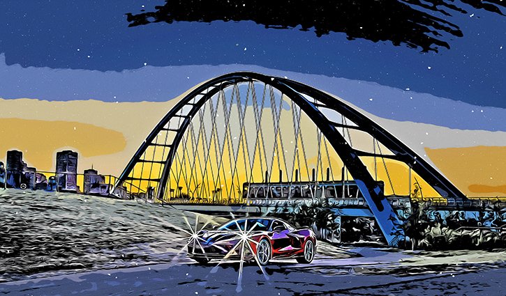 Car-toon effect with Corvette, Walterdale Bridge, Edmonton, Dawn, Rossdale Power Plant