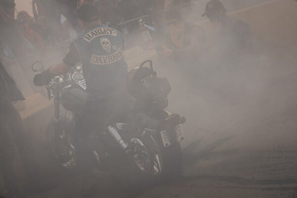 Blackjack Motorcycle Tire Burnout contest, features all kinds of motorcycles - mostly Harley Davidson