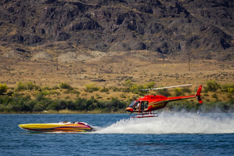 Speed boat racing, helicopter chasing, Lake Havasu, Arizona